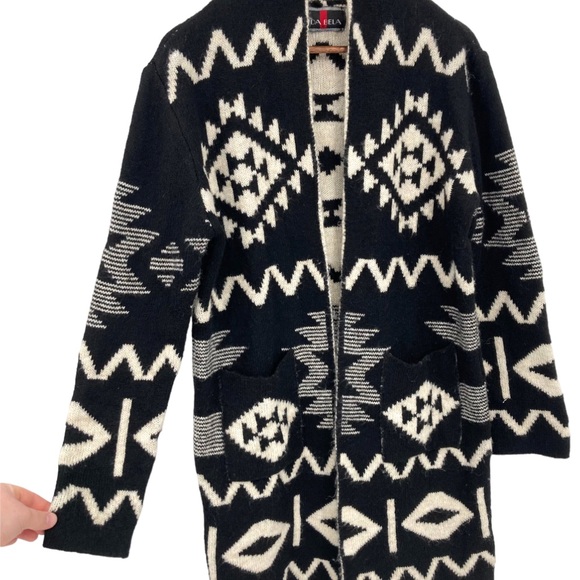 Toda Bela Aztec Tribal Print Wool Blend Duster Cardigan Open Front Sweater Boho - Picture 5 of 9